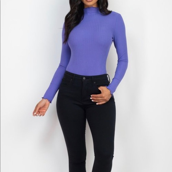 CHIVE BLOSSOM PURPLE RIBBED LONG SLEEVE MOCK NECK THONG BODYSUIT - Picture 3 of 6